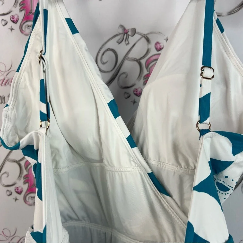 Anne Cole bathing suit one piece dress look Teal and White Floral flowers